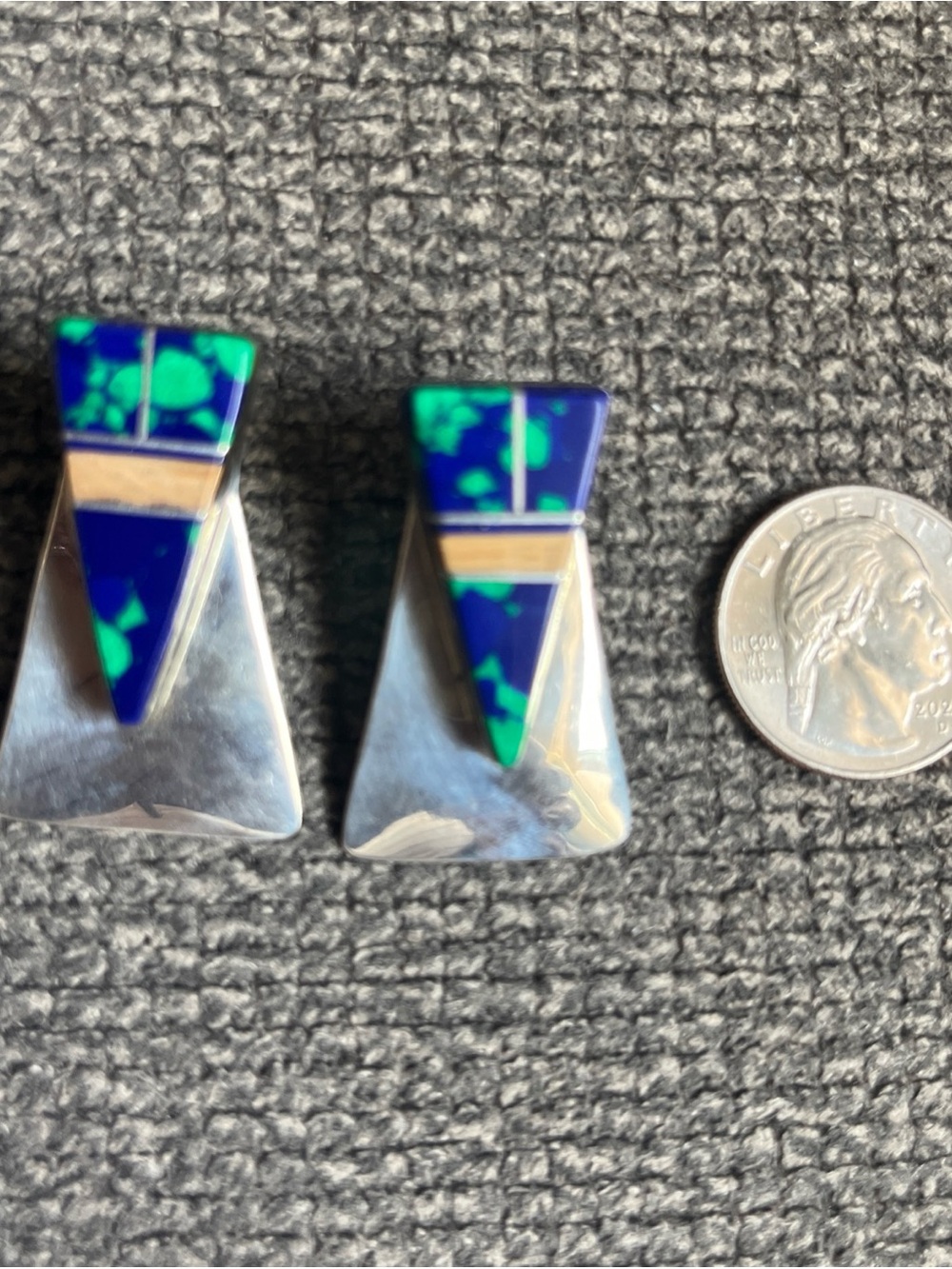 Sterling Silver Triangle Inlay Earrings with Blue-Green Stones vintage Navaho